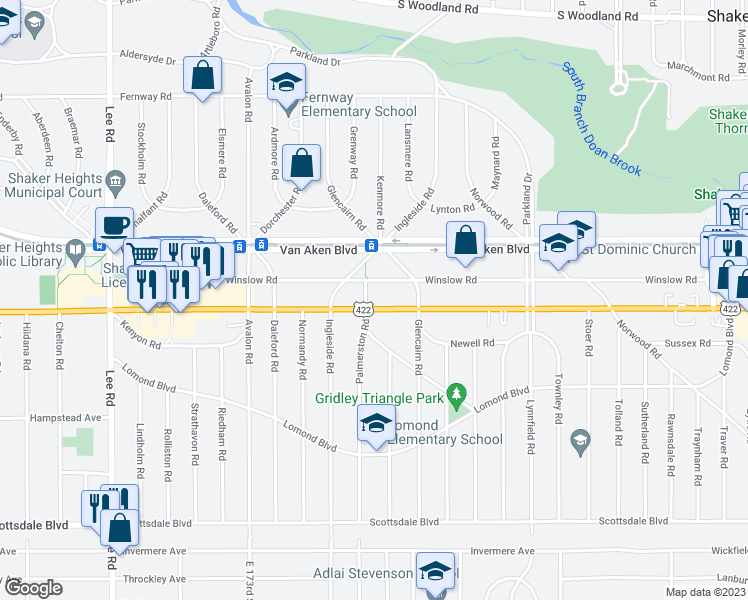 map of restaurants, bars, coffee shops, grocery stores, and more near 17925 Chagrin Boulevard in Shaker Heights