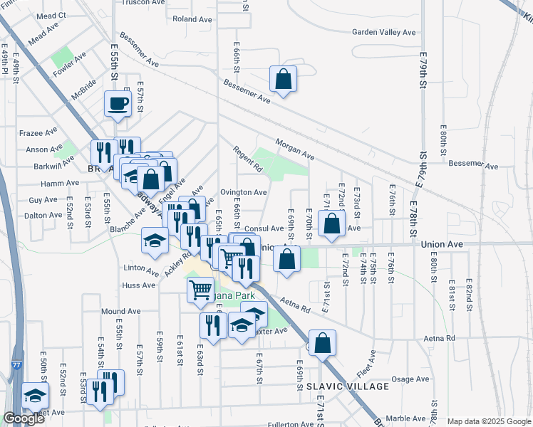 map of restaurants, bars, coffee shops, grocery stores, and more near 3455 Regent Road in Cleveland