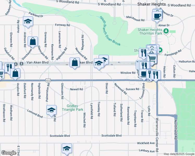 map of restaurants, bars, coffee shops, grocery stores, and more near 18985 Chagrin Boulevard in Shaker Heights