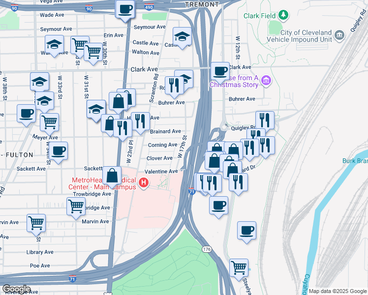 map of restaurants, bars, coffee shops, grocery stores, and more near 3291 West 17th Street in Cleveland