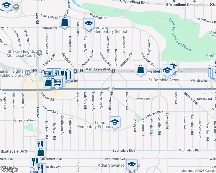 map of restaurants, bars, coffee shops, grocery stores, and more near 17727 Chagrin Boulevard in Shaker Heights