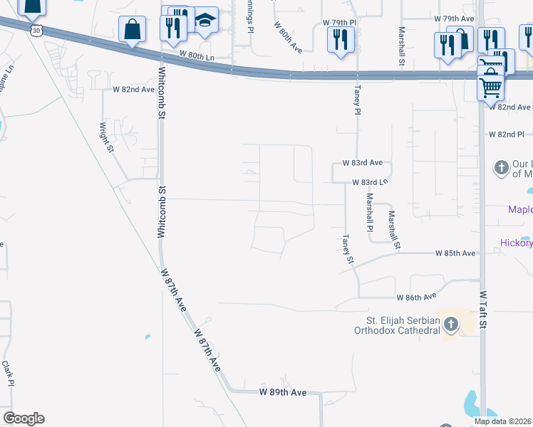 map of restaurants, bars, coffee shops, grocery stores, and more near 8413 Jennings Place in Merrillville