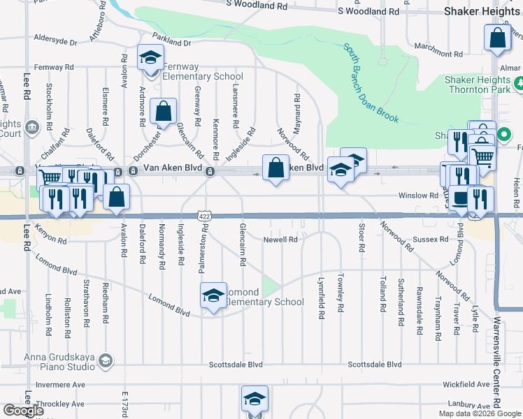 map of restaurants, bars, coffee shops, grocery stores, and more near 18402 U.S. 422 in Shaker Heights
