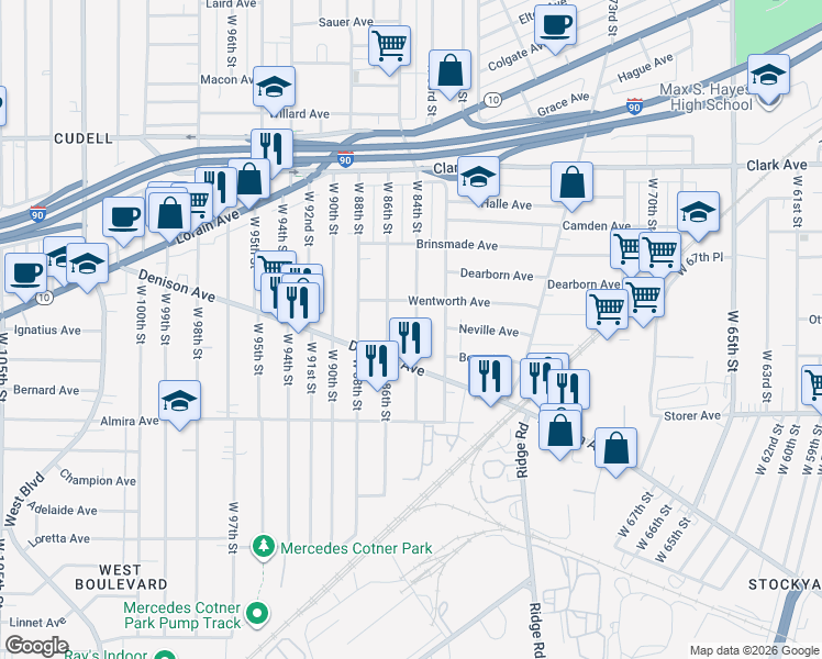 map of restaurants, bars, coffee shops, grocery stores, and more near 3280 West 84th Street in Cleveland
