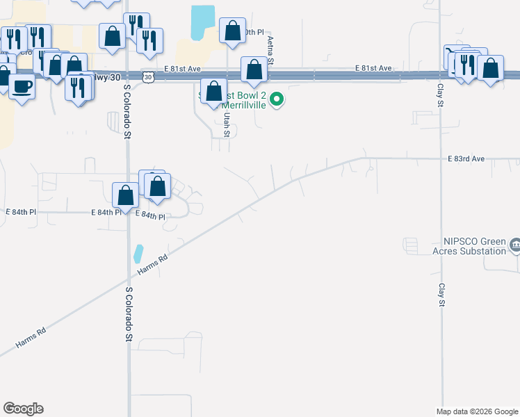 map of restaurants, bars, coffee shops, grocery stores, and more near 3803 Harms Road in Merrillville
