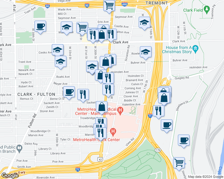 map of restaurants, bars, coffee shops, grocery stores, and more near 3284 West 23rd Place in Cleveland