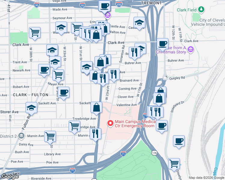 map of restaurants, bars, coffee shops, grocery stores, and more near 3297 West 23rd Place in Cleveland