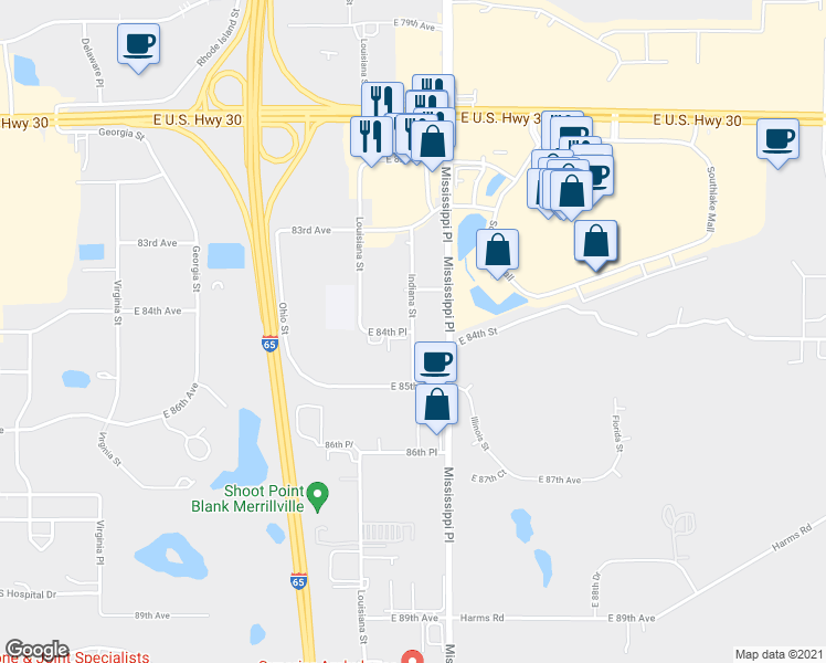 map of restaurants, bars, coffee shops, grocery stores, and more near 8429 Indiana Street in Merrillville