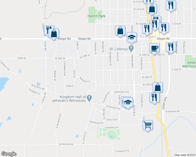 map of restaurants, bars, coffee shops, grocery stores, and more near 3623 Carpenter Street in Steger