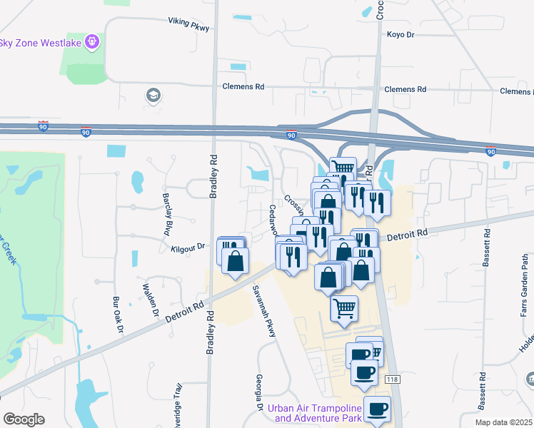 map of restaurants, bars, coffee shops, grocery stores, and more near 1590 Cedarwood Drive in Westlake