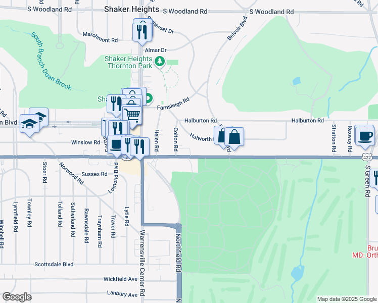 map of restaurants, bars, coffee shops, grocery stores, and more near 20820 U.S. 422 in Shaker Heights