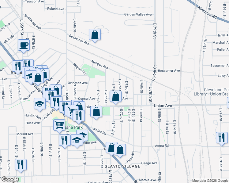 map of restaurants, bars, coffee shops, grocery stores, and more near 3466 East 71st Street in Cleveland