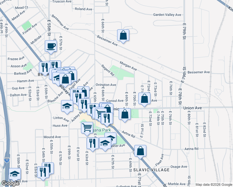 map of restaurants, bars, coffee shops, grocery stores, and more near 3455 Regent Road in Cleveland