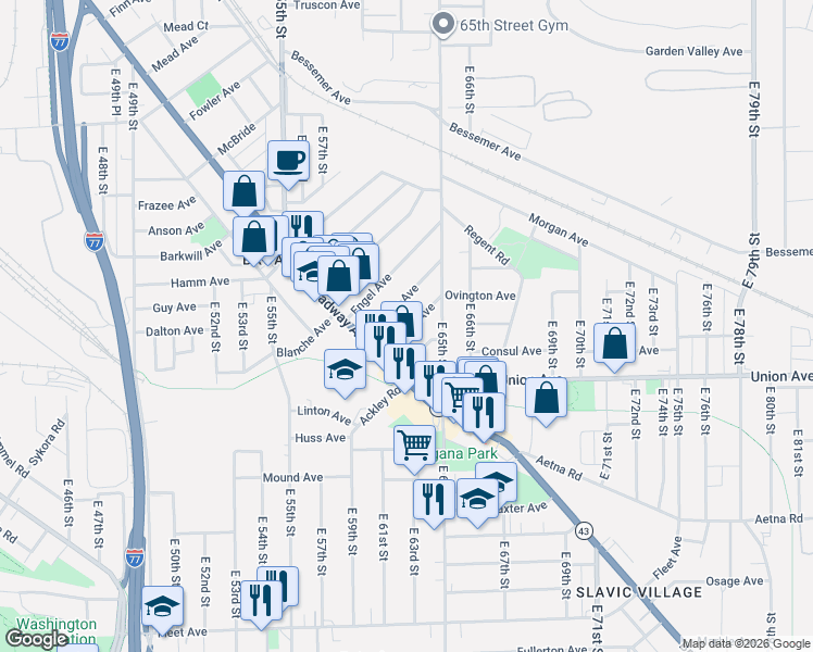 map of restaurants, bars, coffee shops, grocery stores, and more near 6130 Morton Avenue in Cleveland