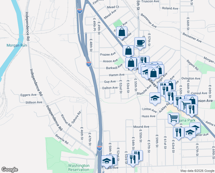 map of restaurants, bars, coffee shops, grocery stores, and more near 3439 East 51st Street in Cleveland