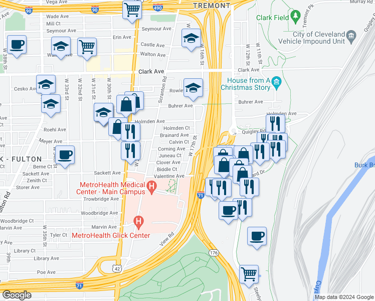 map of restaurants, bars, coffee shops, grocery stores, and more near 3291 West 17th Street in Cleveland