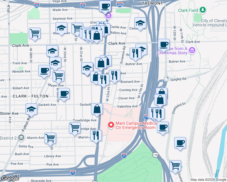 map of restaurants, bars, coffee shops, grocery stores, and more near 3297 West 23rd Place in Cleveland