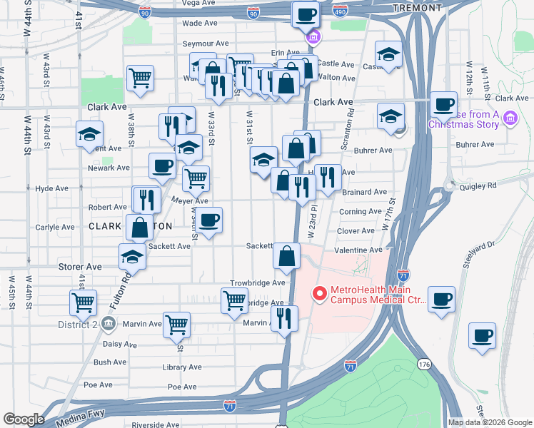 map of restaurants, bars, coffee shops, grocery stores, and more near 3292 West 30th Street in Cleveland