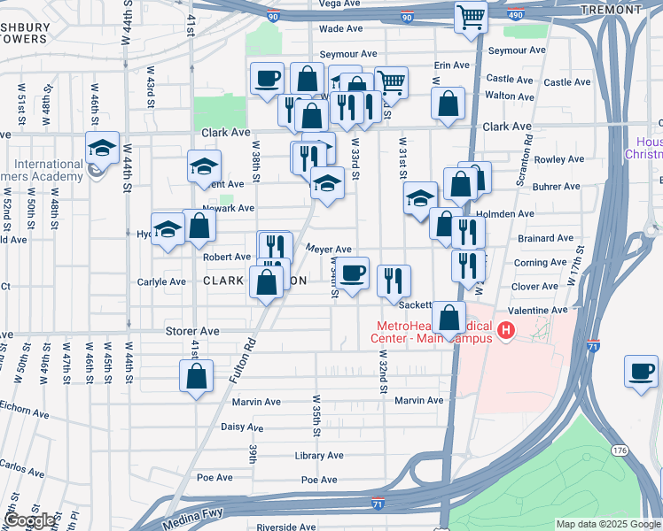 map of restaurants, bars, coffee shops, grocery stores, and more near 3282 West 34th Street in Cleveland