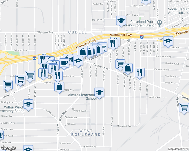 map of restaurants, bars, coffee shops, grocery stores, and more near 3267 West 100th Street in Cleveland