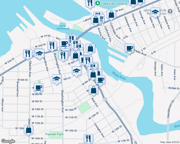 map of restaurants, bars, coffee shops, grocery stores, and more near 720 Broadway in Lorain