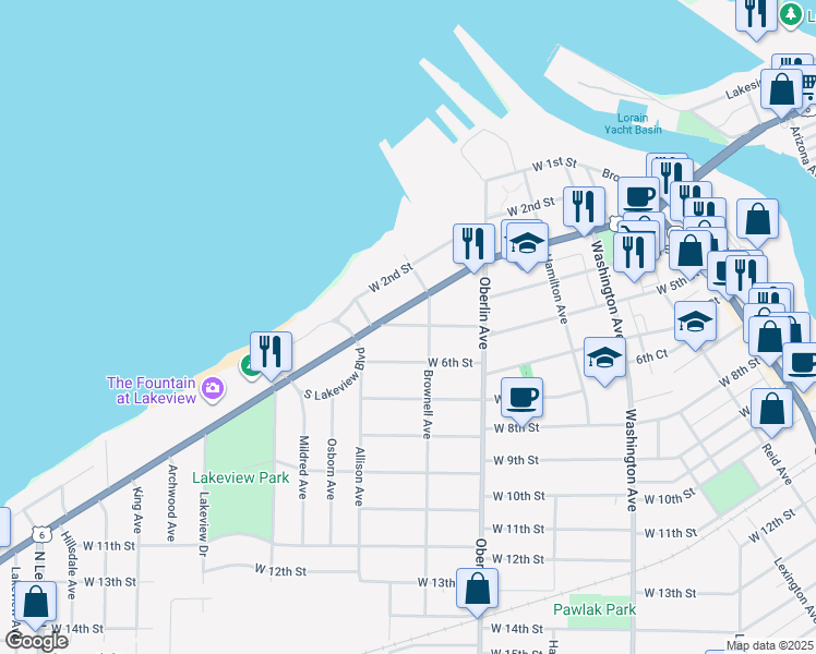 map of restaurants, bars, coffee shops, grocery stores, and more near 1315 West 5th Street in Lorain