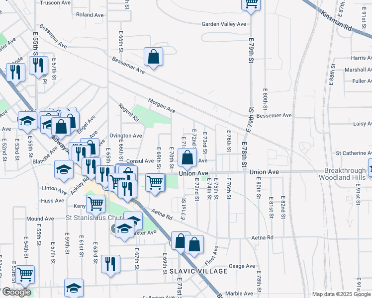 map of restaurants, bars, coffee shops, grocery stores, and more near 3466 East 71st Street in Cleveland