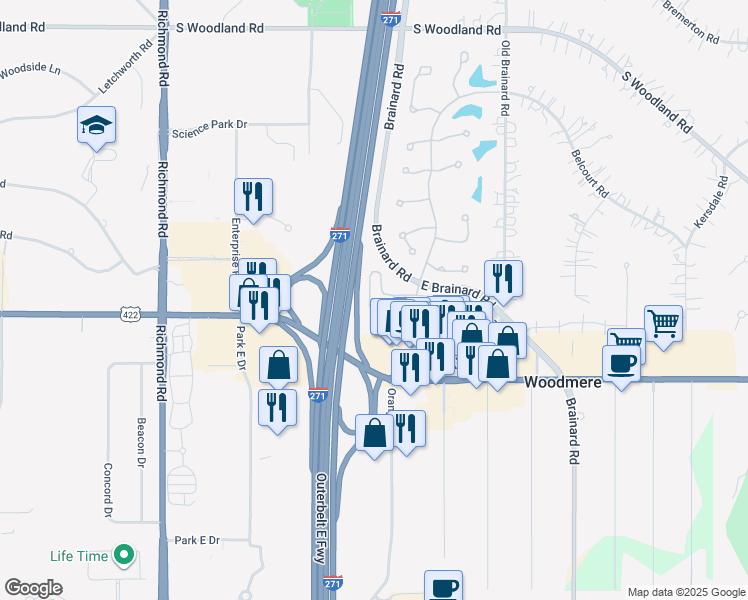 map of restaurants, bars, coffee shops, grocery stores, and more near 6140 North Pointe Drive in Pepper Pike