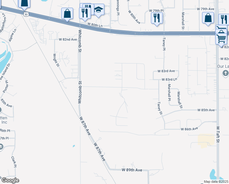 map of restaurants, bars, coffee shops, grocery stores, and more near 8415 Whitcomb Street in Merrillville