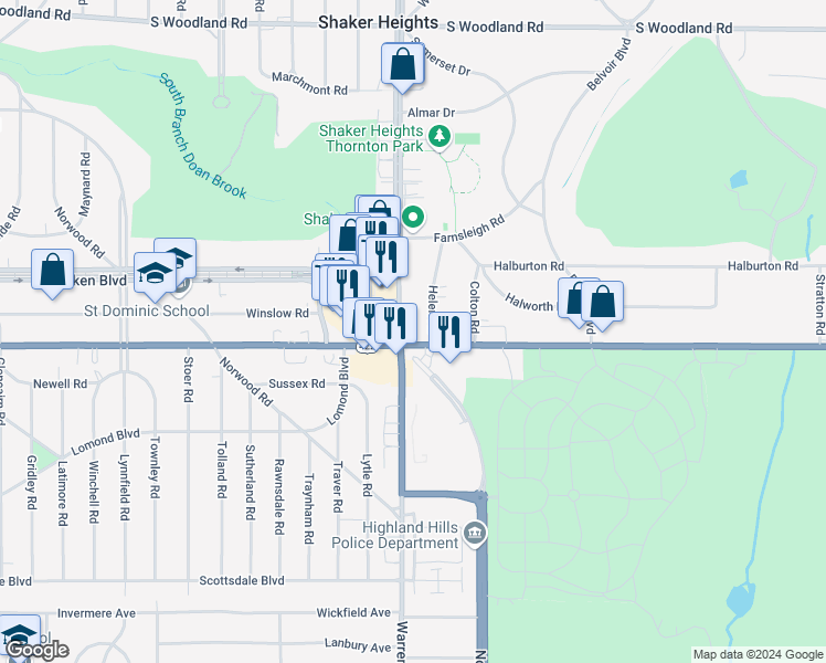 map of restaurants, bars, coffee shops, grocery stores, and more near in Shaker Heights