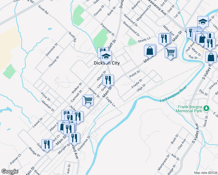 map of restaurants, bars, coffee shops, grocery stores, and more near 1038 North Main Street in Dickson City