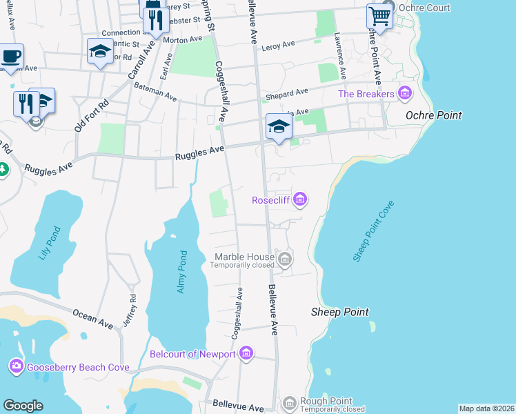 map of restaurants, bars, coffee shops, grocery stores, and more near 553 Bellevue Avenue in Newport