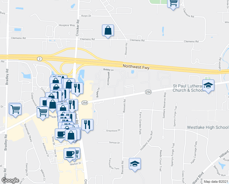 map of restaurants, bars, coffee shops, grocery stores, and more near 29338 Detroit Road in Westlake