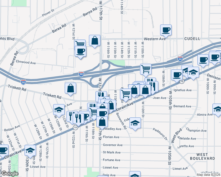 map of restaurants, bars, coffee shops, grocery stores, and more near 3226 West 116th Street in Cleveland