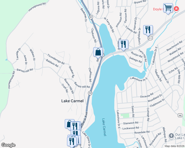 map of restaurants, bars, coffee shops, grocery stores, and more near 19 Clarkson Road in Carmel Hamlet