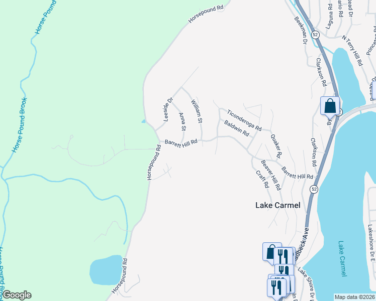 map of restaurants, bars, coffee shops, grocery stores, and more near 135 Barrett Hill Road in Carmel Hamlet