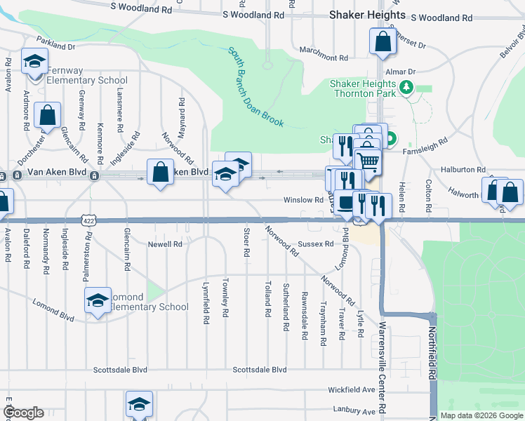 map of restaurants, bars, coffee shops, grocery stores, and more near 19413 U.S. 422 in Shaker Heights