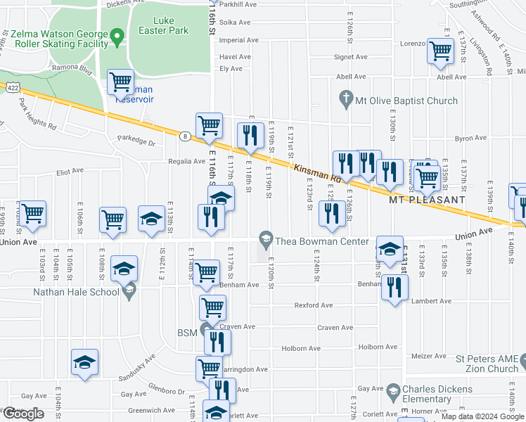 map of restaurants, bars, coffee shops, grocery stores, and more near 3467 East 118th Street in Cleveland