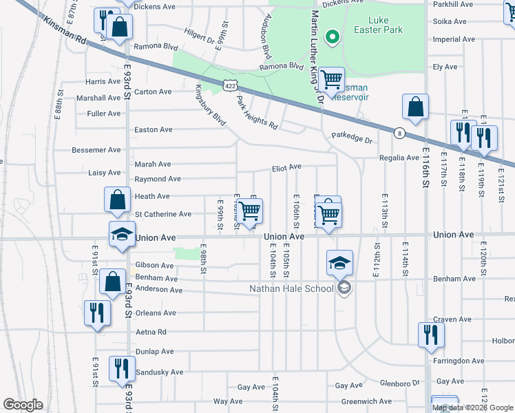 map of restaurants, bars, coffee shops, grocery stores, and more near 3457 East 103rd Street in Cleveland