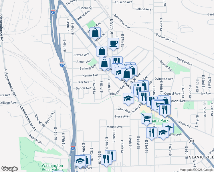 map of restaurants, bars, coffee shops, grocery stores, and more near 3445 East 53rd Street in Cleveland