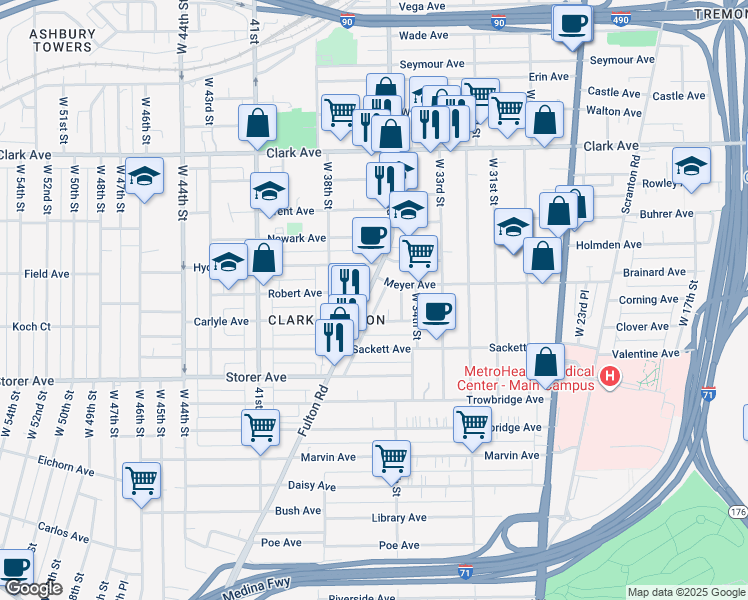 map of restaurants, bars, coffee shops, grocery stores, and more near 3546 Carlyle Avenue in Cleveland