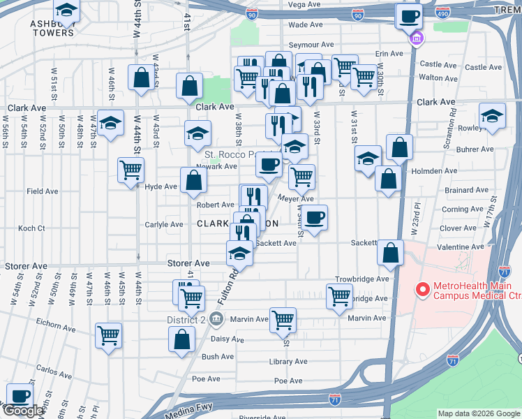 map of restaurants, bars, coffee shops, grocery stores, and more near 3292 Fulton Road in Cleveland