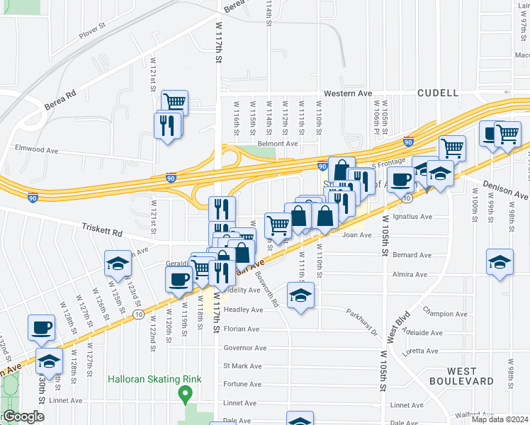 map of restaurants, bars, coffee shops, grocery stores, and more near 3227 West 115th Street in Cleveland