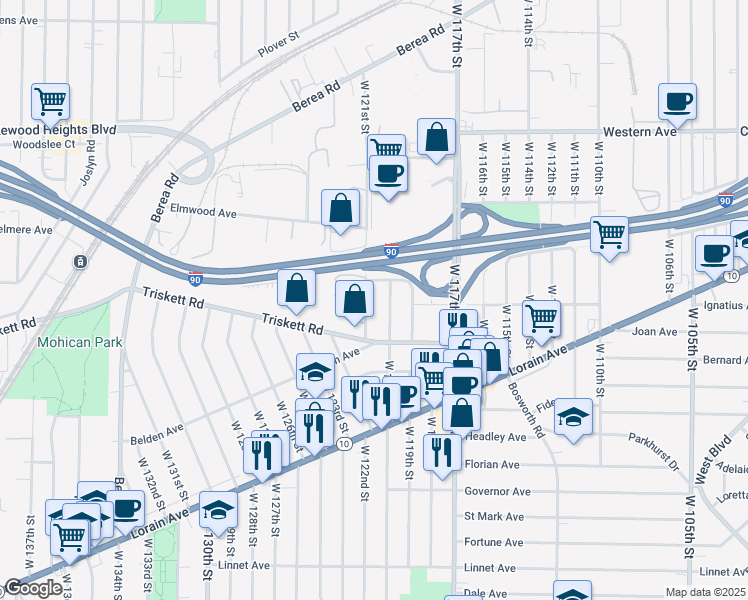 map of restaurants, bars, coffee shops, grocery stores, and more near 3237 West 121st Street in Cleveland