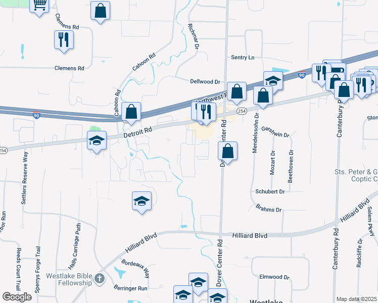 map of restaurants, bars, coffee shops, grocery stores, and more near 27417 Detroit Road in Westlake