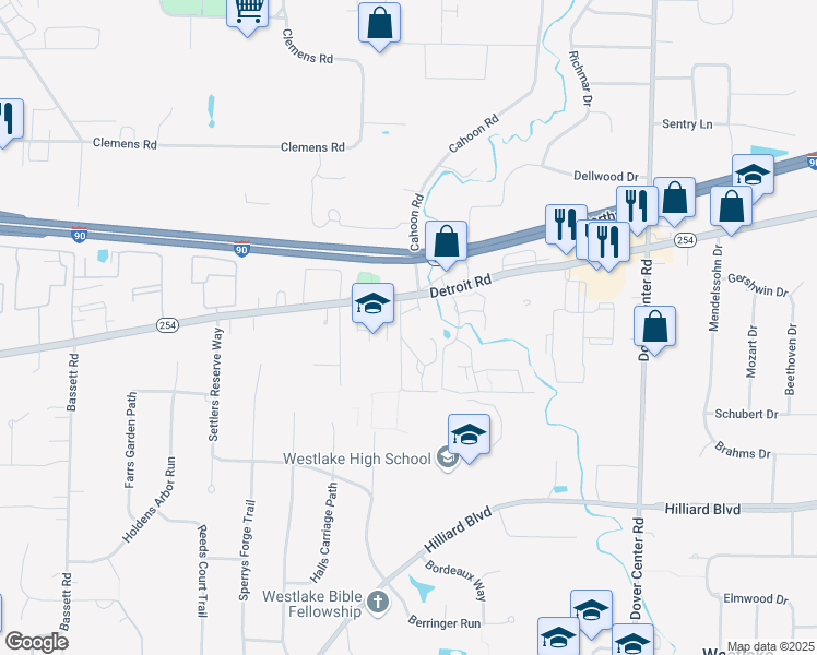 map of restaurants, bars, coffee shops, grocery stores, and more near 27981 Detroit Road in Westlake