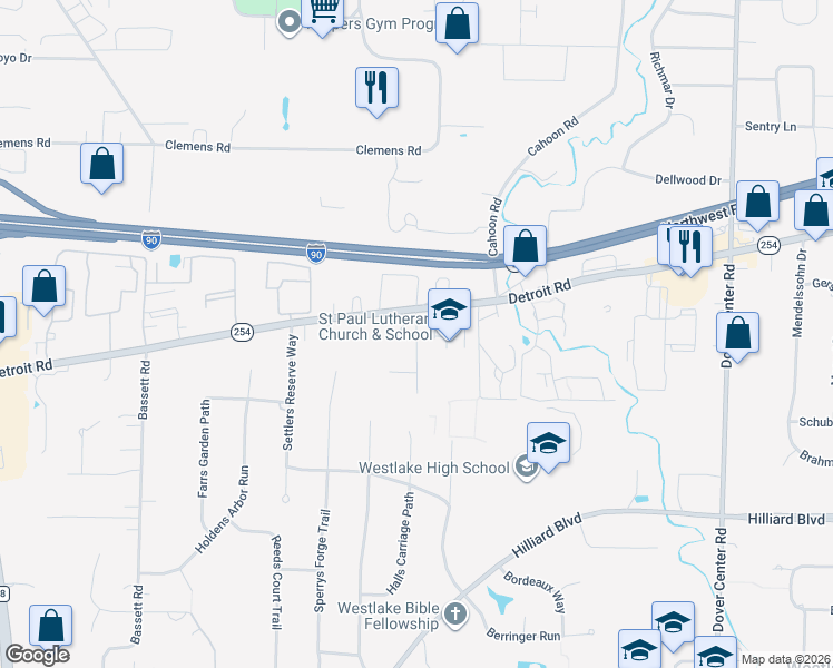 map of restaurants, bars, coffee shops, grocery stores, and more near 28083 Detroit Road in Westlake