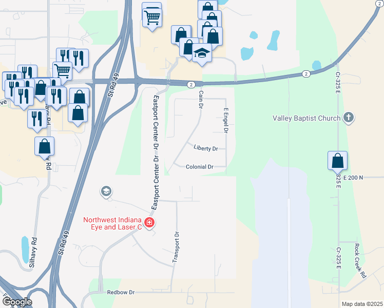 map of restaurants, bars, coffee shops, grocery stores, and more near 3801 Colonial Drive in Valparaiso