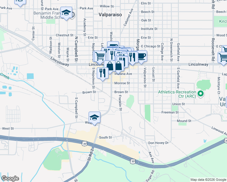 map of restaurants, bars, coffee shops, grocery stores, and more near 355 South Washington Street in Valparaiso