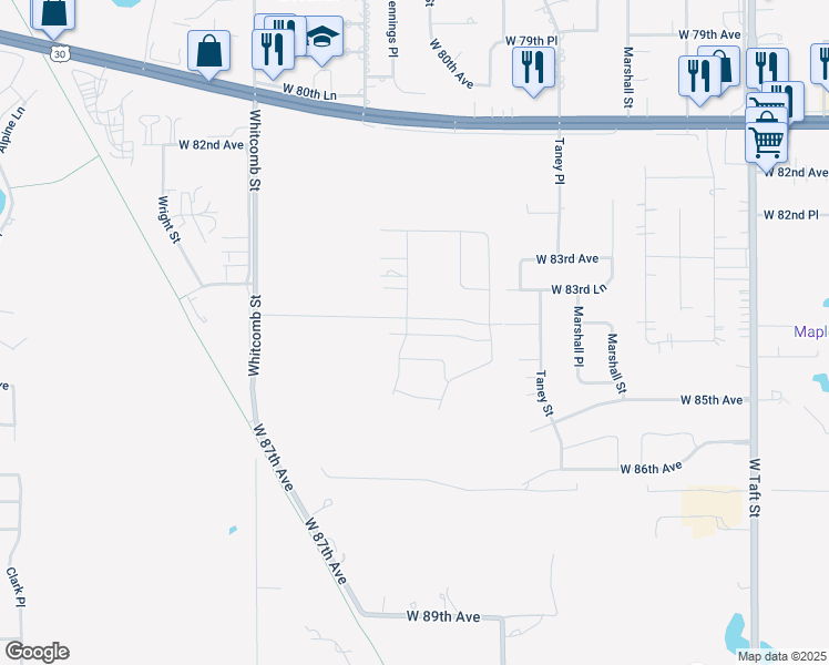 map of restaurants, bars, coffee shops, grocery stores, and more near 8415 Whitcomb Street in Merrillville